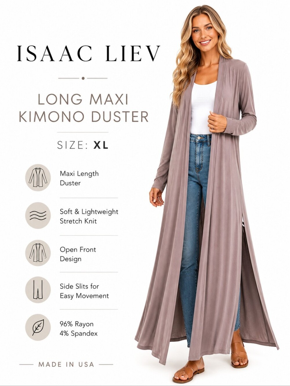 Isaac Liev Taupe Long Maxi Kimono Duster Cardigan Size XL